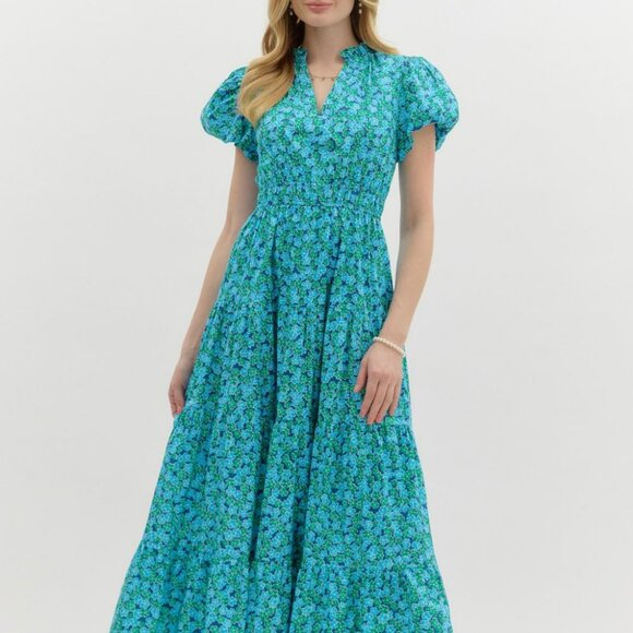 NWT Entro Blue & Green Floral Cotton Tiered Midi Dress - Picture 1 of 12